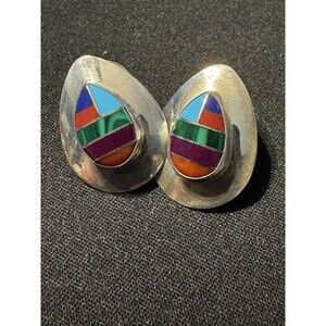 TK Sterling Coral, Turquoise, Malacite, Lapis Post Pear Earrings Signed Native